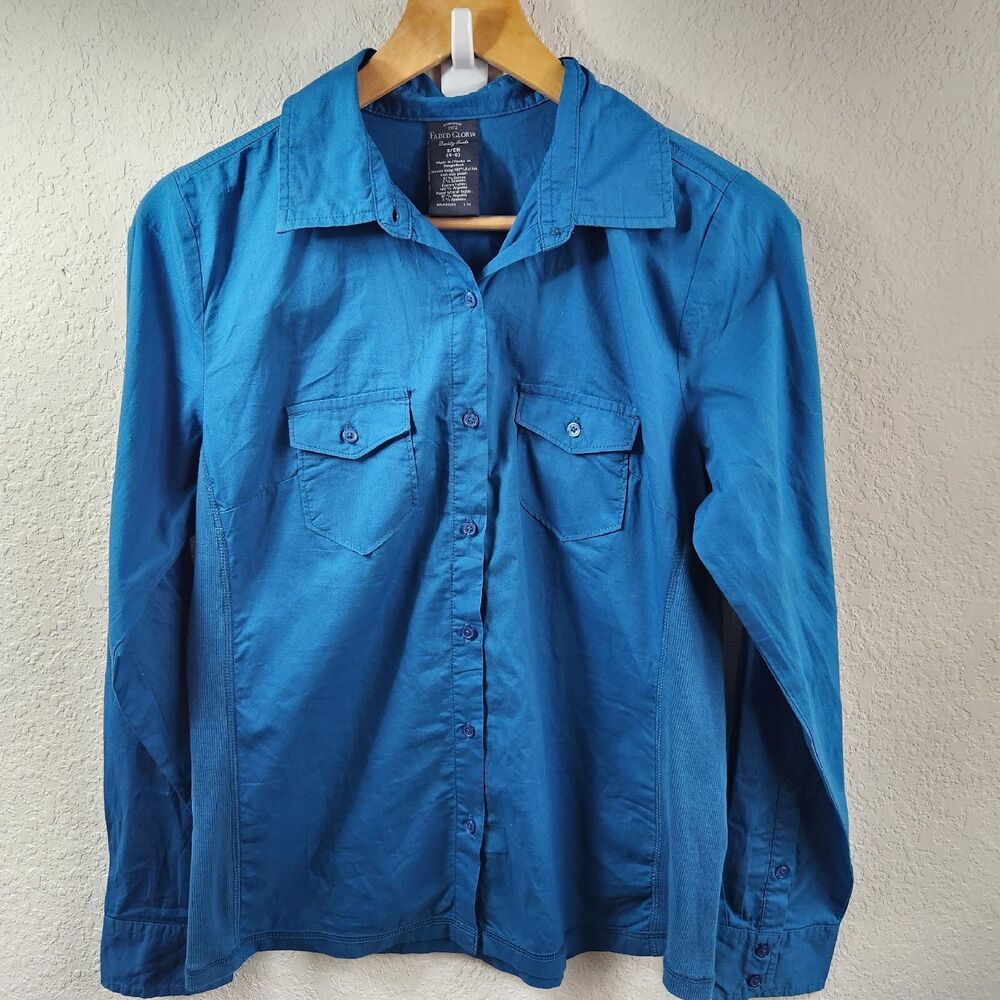 Faded Glory Womens Teal Blue Green  Long Sleeve Button Down Blouse Size S